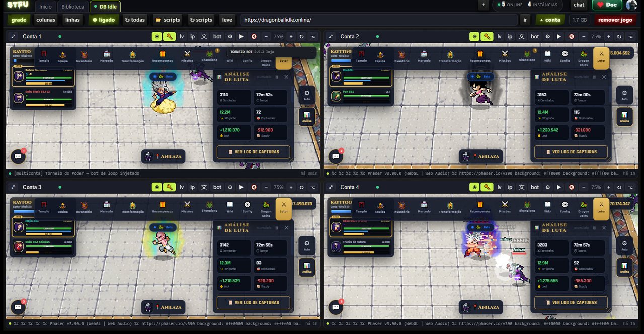 O D2K no Windows com quatro contas do Dragon Ball Idle abertas em grade, cada uma com o próprio painel de análise